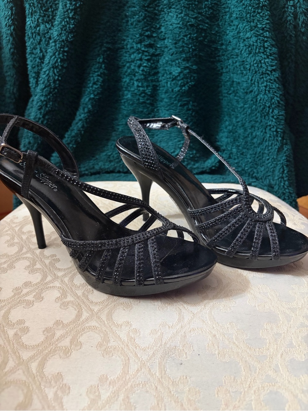 Silver Slipper Black Strappy T-Strap High Heels